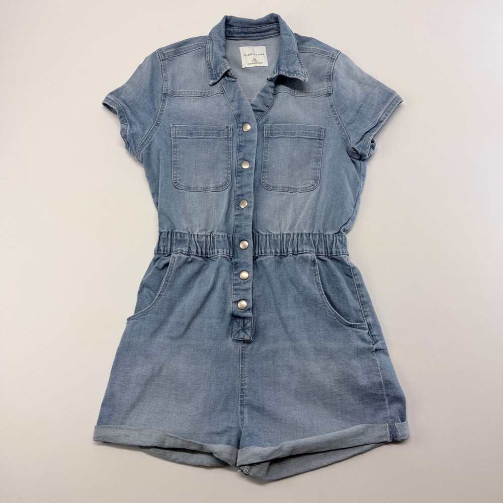Celebrity Pink Light Wash Denim Button Front Short Sleeve Romper Size M 7-9